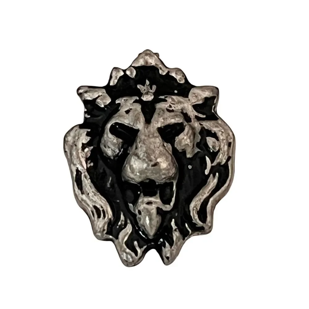 Vintage 1990s Lion Head Double Post Tack Pin Black Enamel Silver Tone - 1I
